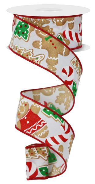 RGE187827  1.5" x 10yd Gingerbread Cookies Wht/Brown/Emrld