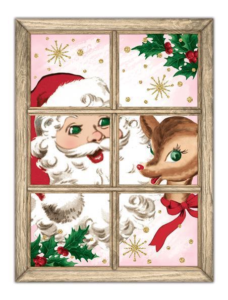 MD1252   12.75"H x 9.5"L Retro Santa Window Sign    White/Red/Brown/Green