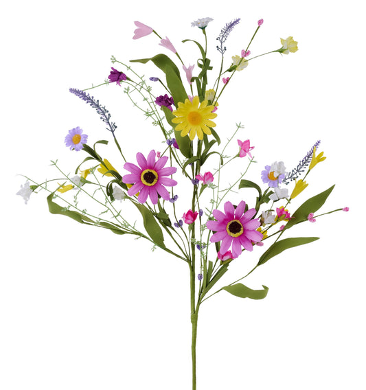 FH823858   28"L Daisy/Forsythia/ Spike/Grass Spray   Yellow/Lav/Ht Pink/Grn