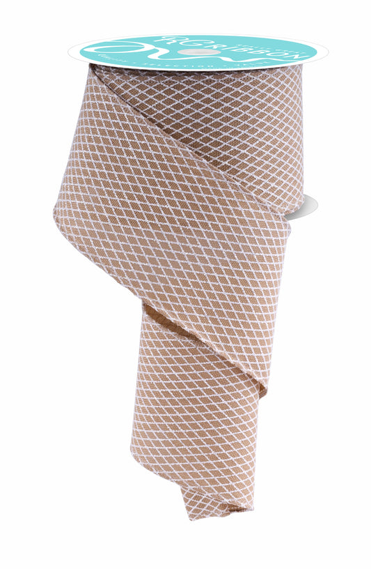 RGF169601  2.5" x 10yd Mini Harlequin Christmas Ribbon – Beige/White – Wired Holiday Ribbon