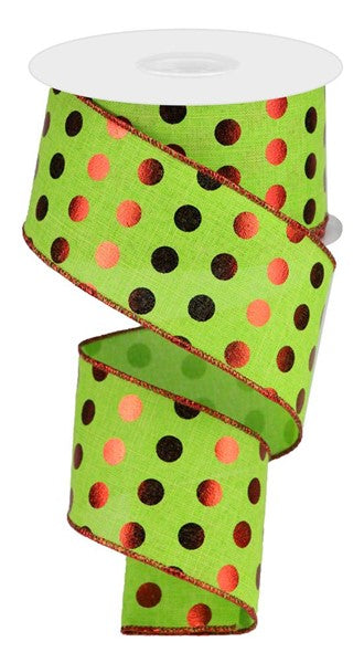 RGA1315E9    2.5" x 10yd Metallic Dots On Royal    Lime Green/Red