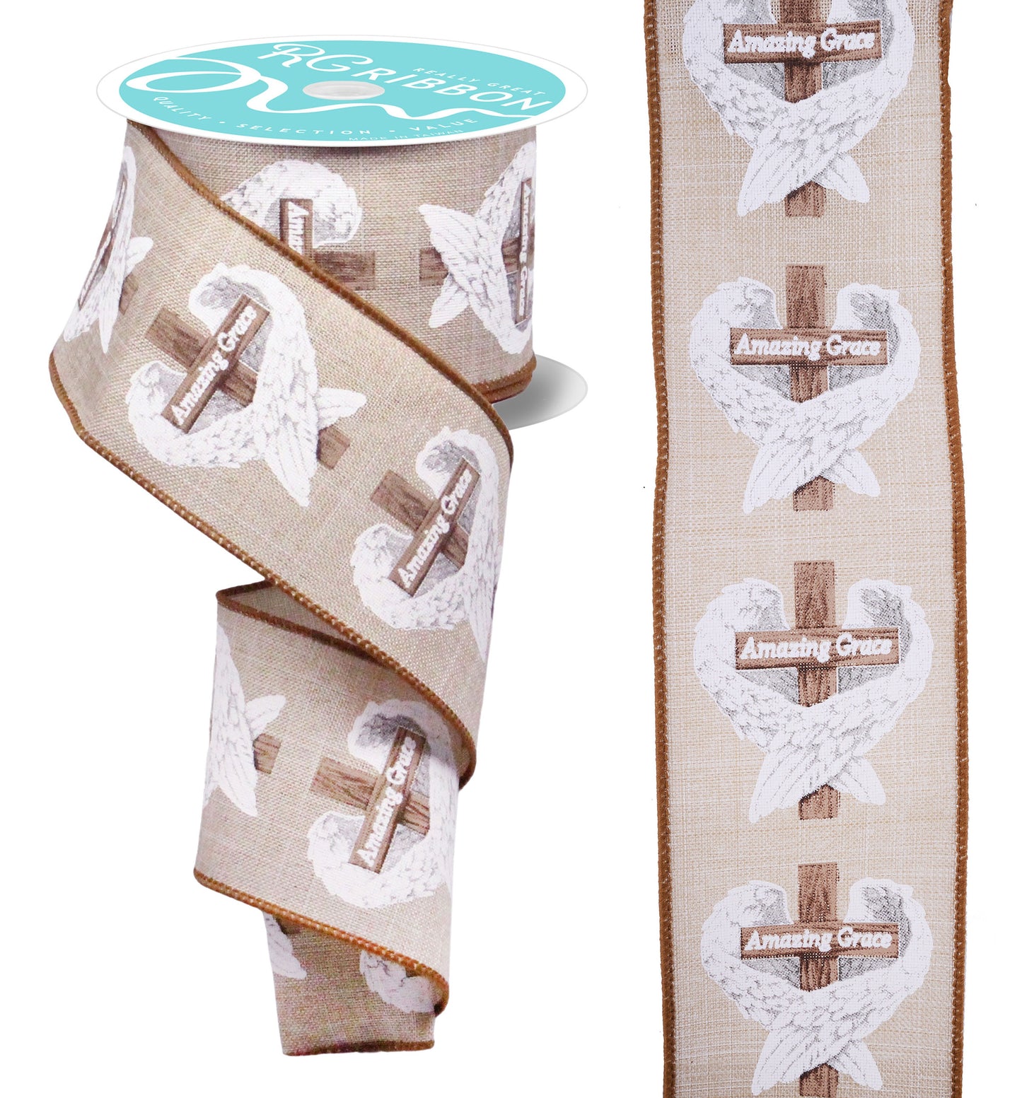 RGF167218  2.5" x 10yd Amazing Grace Cross w/ Wings Ribbon – Natural/Brown/Grey – Wired Ribbon