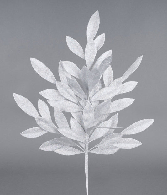 XS237126   23"L Glitter Bay Leaf Spray   Laser Silver