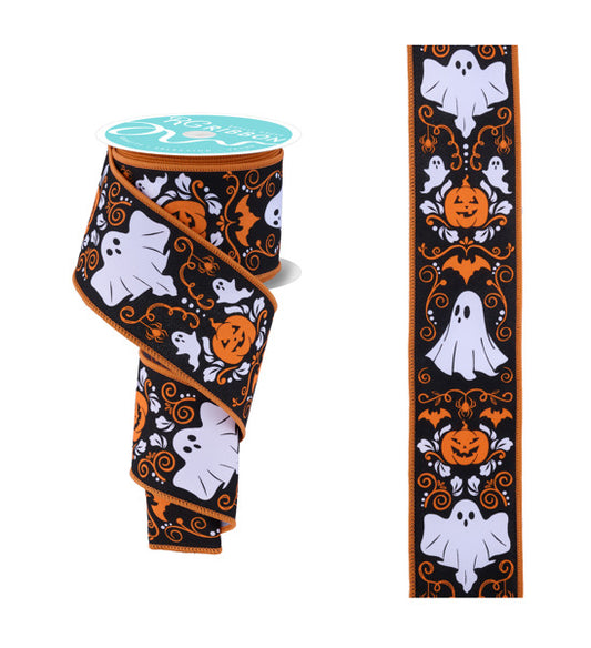 RGF1688GG 2.5"X10YD  Halloween Damask White/Black/Orange