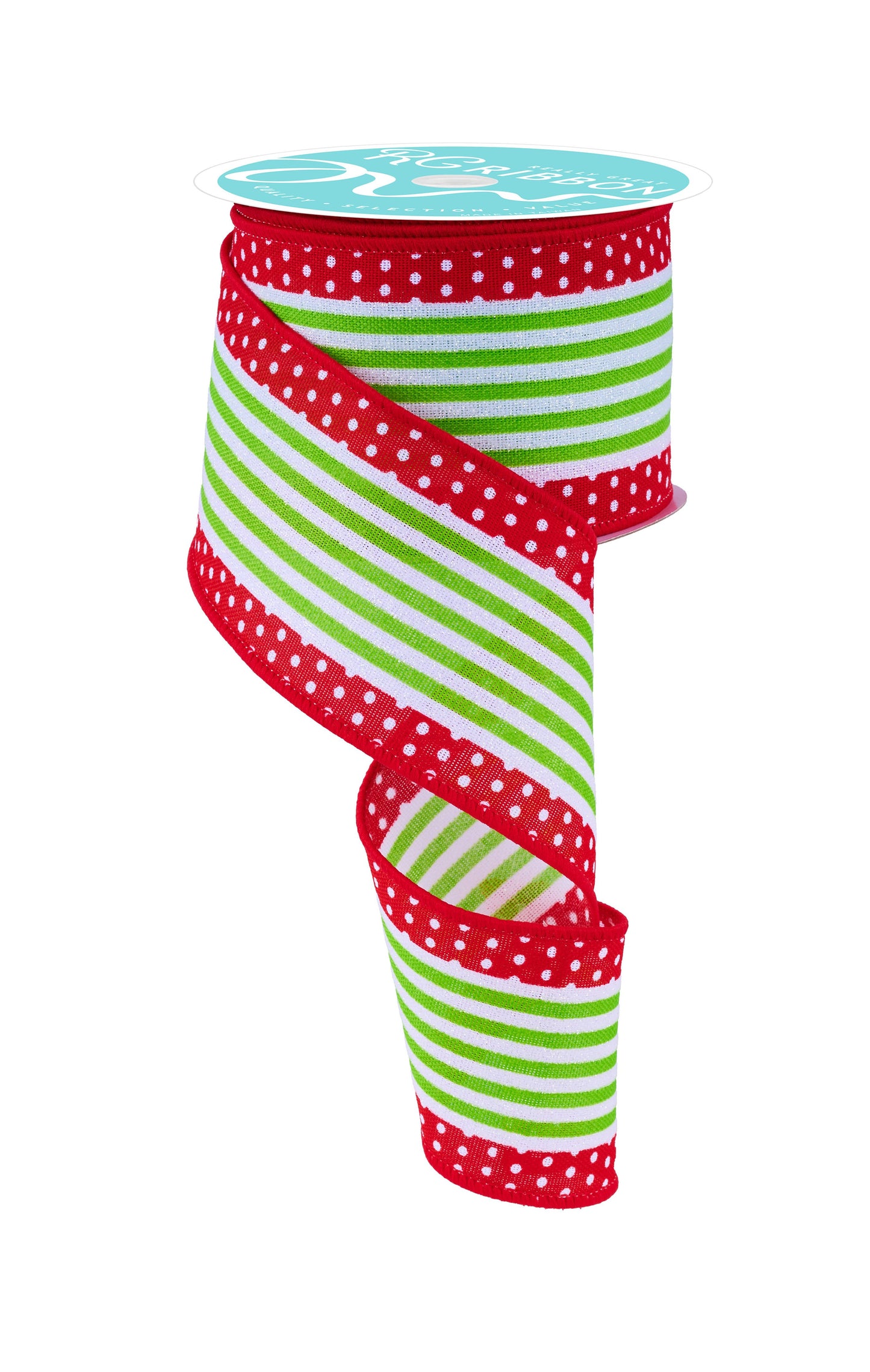 RGF156724  2.5" x 10yd Vertical Stripe Christmas Ribbon – White/Red/Lime Green with Polka Dot Edge
