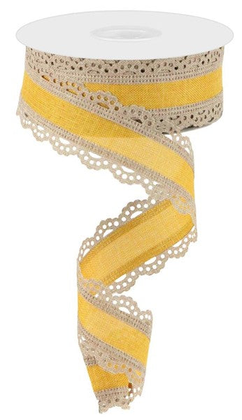 RGA15418M   1.5"X10YD  Lace Edge Royal Burlap   Light Beige/Dark Mustard