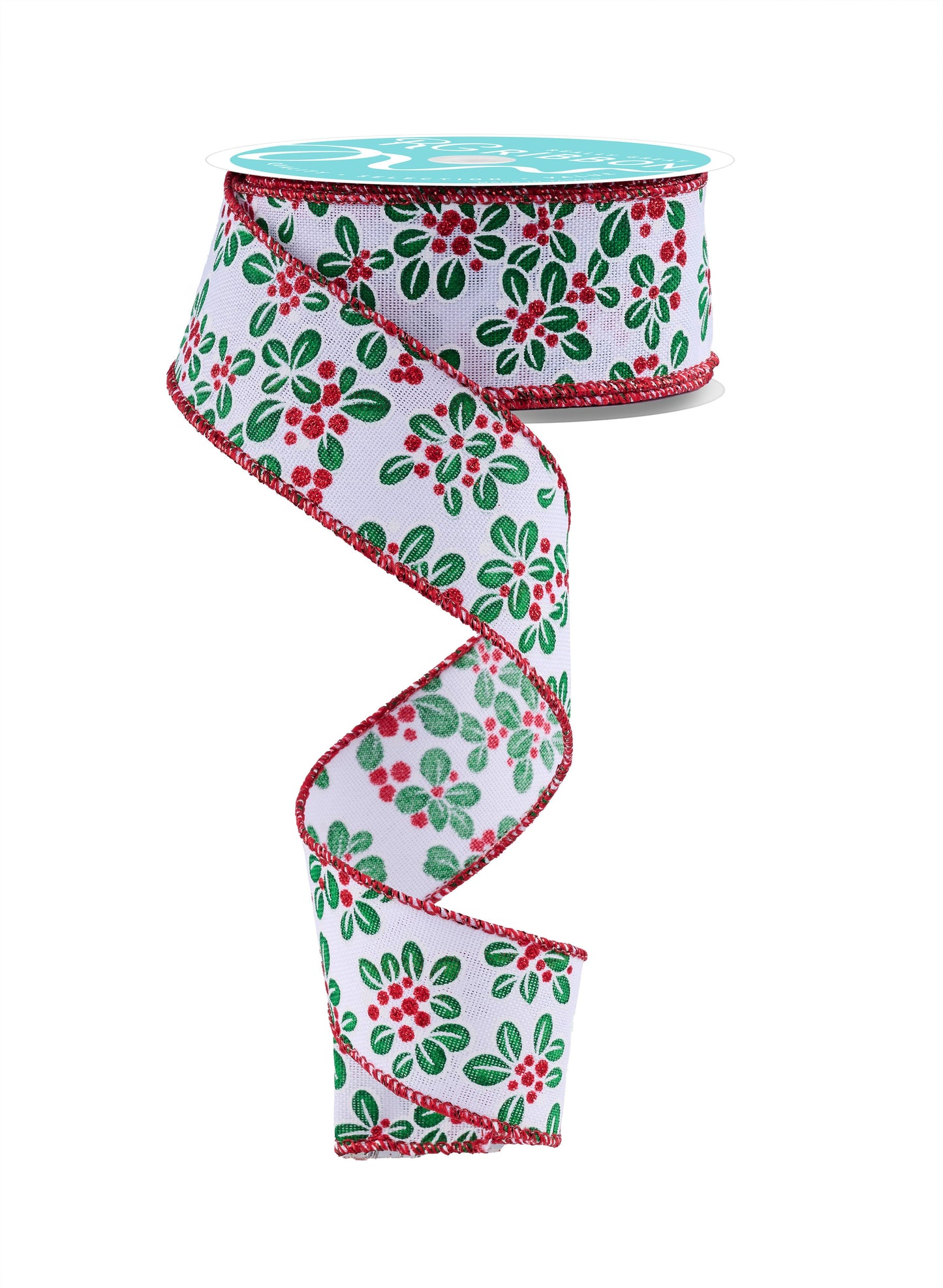 RGF142427  1.5" x 10yd Mini Leaf Berry Ribbon – White/Green/Red – Wired Ribbon