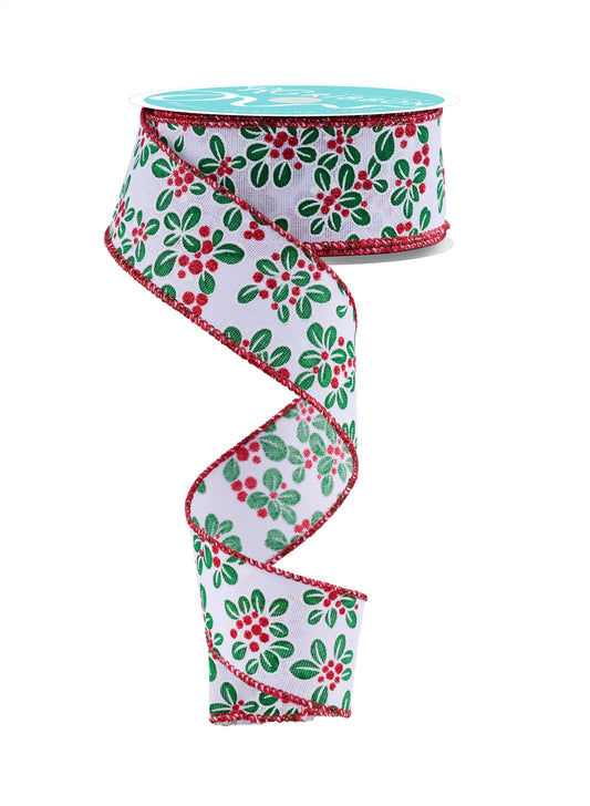 RGF142427  1.5" x 10yd Mini Leaf Berry Ribbon – White/Green/Red – Wired Ribbon