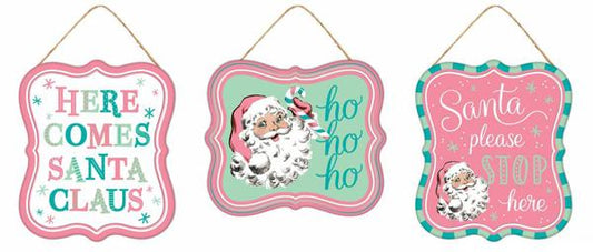 MD1213A7   7"Hx6"L Tin Matte Santa Signs   Whte/Pink/Grn/Teal