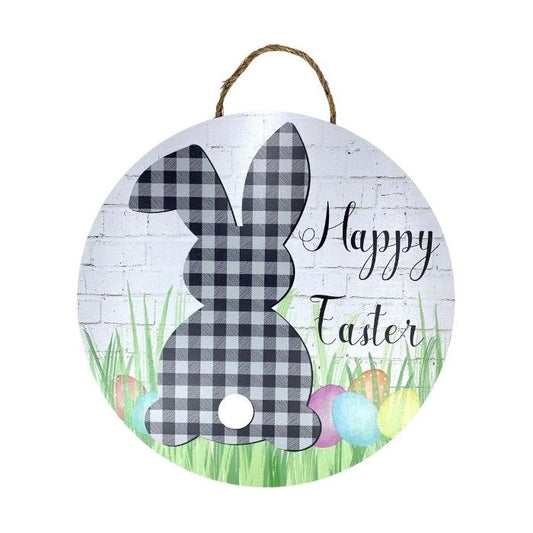 CUS0524  18" Round MDF "Happy Easter" Buffalo Plaid Bunny w/ Colorful Eggs Sign - Black / White / Green / Multi