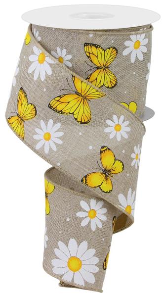 RGC198518  2.5" x 10yd Butterfly/Daisy On Royal Natural/Wht/Ylw/Gld/Blk