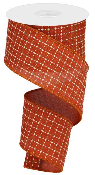 RGA104574   2.5" x 10yd Raised Stitched Squares/Royal    Rust/Cream