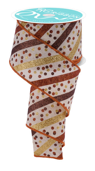 RGH10013R  2.5" x 10yd Glitter Stripe W/Confetti Dots Cream/Gold/Brown/Copper