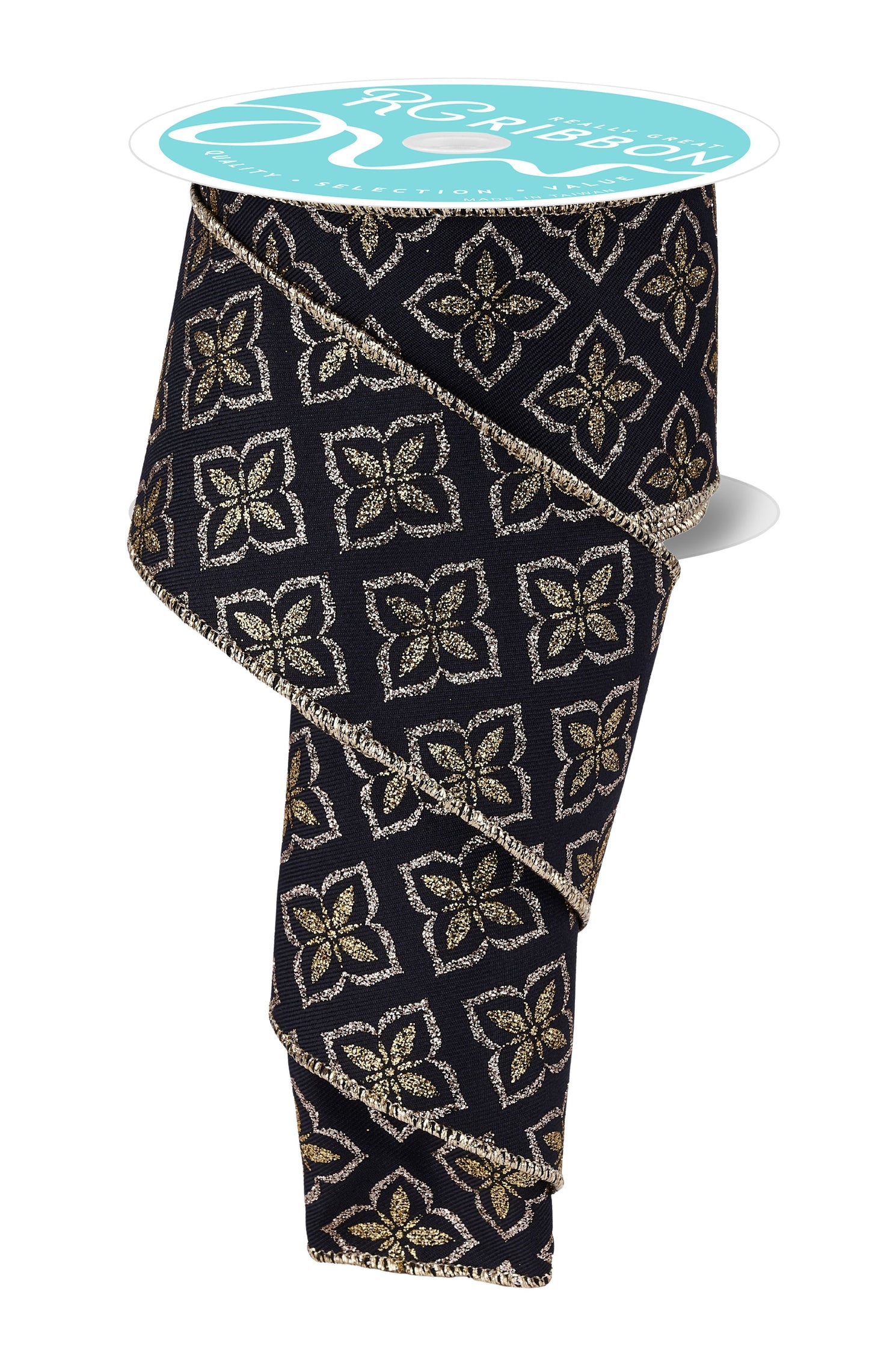 RGF199002  2.5" x 10yd Glitter Petals Black/Lt Gold/Champagne