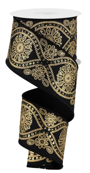 RGE1962D3  2.5" x 10yd Deluxe Wavy Floral Black/Gold