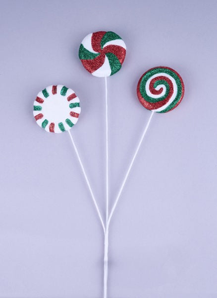 XC1158CA  16"L Glitter Peppermint Candy Pick x 3 Red/Emerald Green/ White