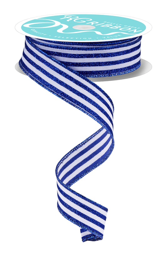 RGF7970WR  7/8" x 10yd Glitter Vertical Stripe White/Royal Blue