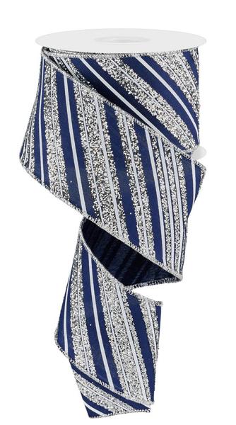 RGE18533Y  2.5" x 10yd Diagonal Lines Navy Blue/Silver/White