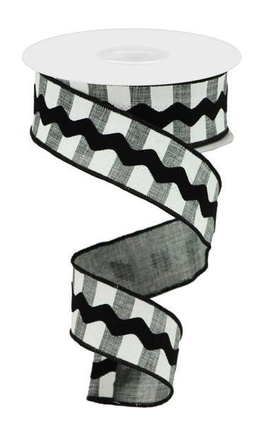 RG206510  1.5" x 10yd Horizontal Stripe/Ricrac Grey/White/Black