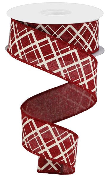 RGA150505  1.5" x 10yd Thick/Thin Diagonal Check Burgundy/Ivory