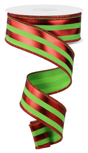 RGE1431W1  1.5" x 10yd Metallic Vertical Stripes Lime Green/Red