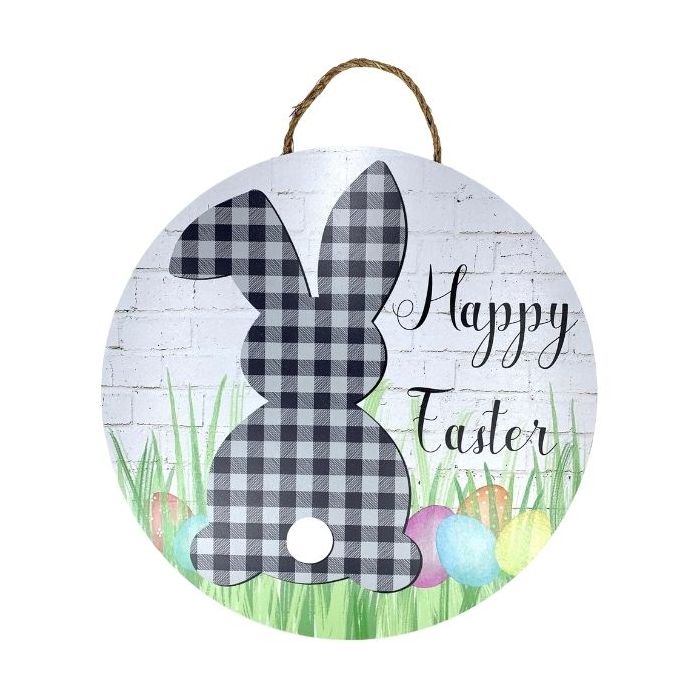 CUS0524  18" Round MDF "Happy Easter" Buffalo Plaid Bunny w/ Colorful Eggs Sign - Black / White / Green / Multi