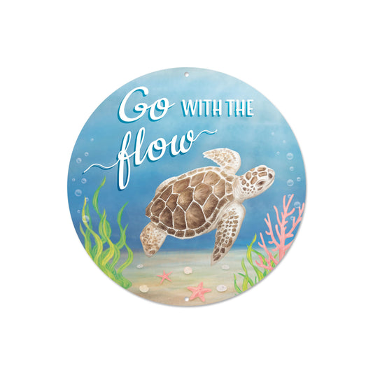 MD1386  8"Dia Metal Go With The Flow Sign Blue/Brown/White