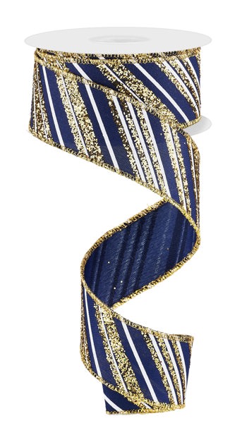 RGE18524A  1.5" x 10yd Diagonal Lines Navy Blue/Gold/White