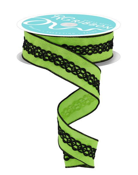 RGC8112LT  1.5" x 10yd 2-In-1 Faux Royal/Lace Lime Green/Black