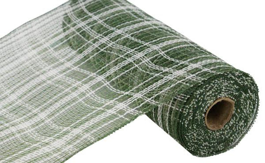 RY8345ER  10.25" x 10yd Farmhse Plaid Faux Jute Mesh Moss Green/Cream