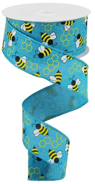 RGA161634   1.5" x 10yd Mini Bumblebees On Royal    Turq/Yellow/White