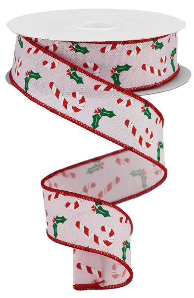 RGB114315     1.5" x 10yd Candy Canes/Holly On Royal     Pink/White/Red/Emerald