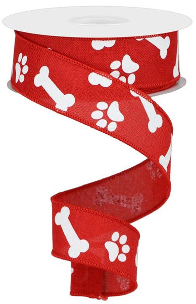 RGA115324     1.5" x 10yd Paw Print/Bones On Royal    Red/White