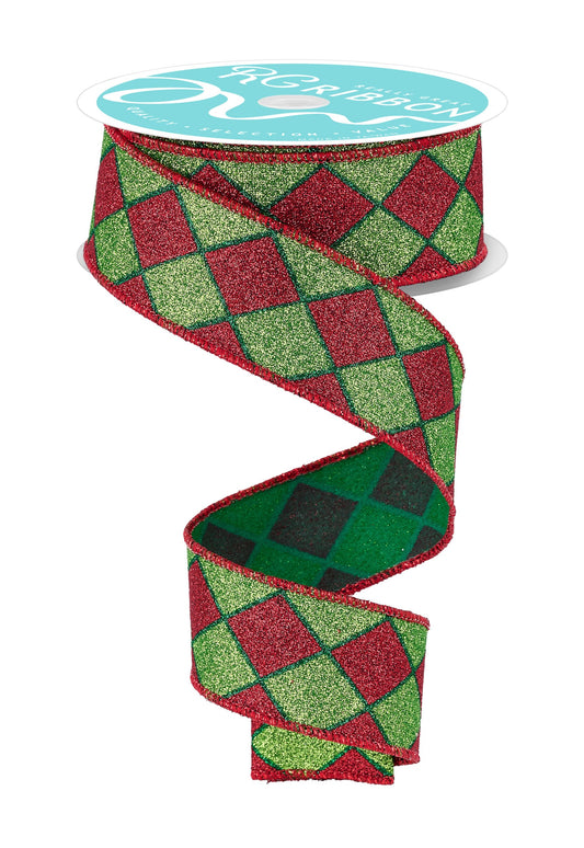 RG016182W  1.5" x 10yd Glitter Harlequin  Red/Lime/Emerald
