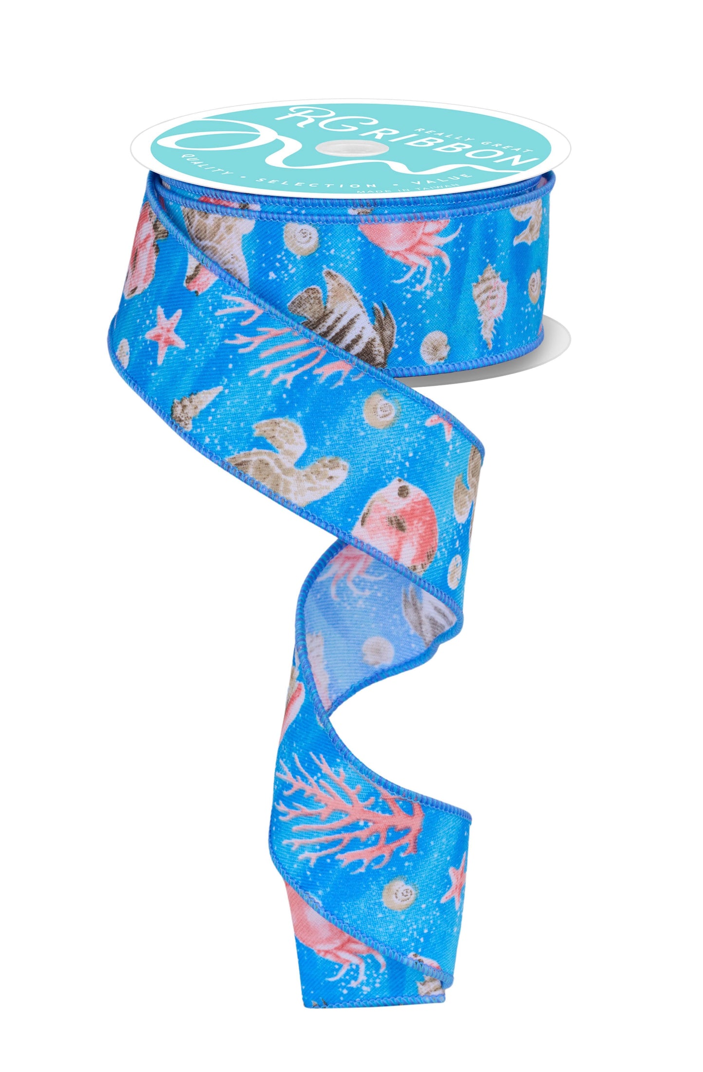 RGF1251TA  1.5" x 10yd Coastal Pattern Ryl Blue/Coral/Cream