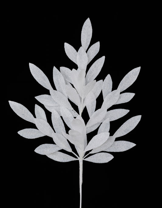 XS237027    23"L Glitter Bay Leaf Spray   White