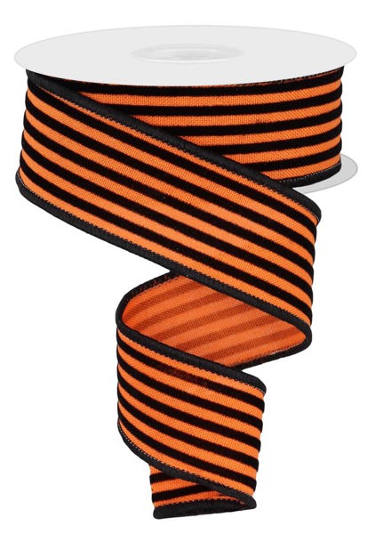 RGE139320  1.5" x 10yd Velvet Vertical Thin Lines Orange/Black
