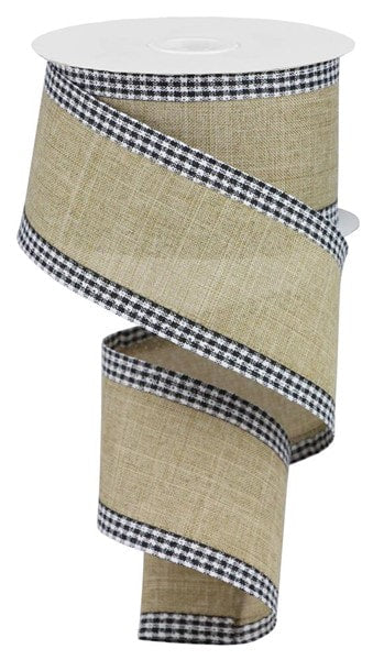 RGA1099X4 2.5”x10YD Royal Burlap Gingham Edge Lt Beige/Black/Whitr