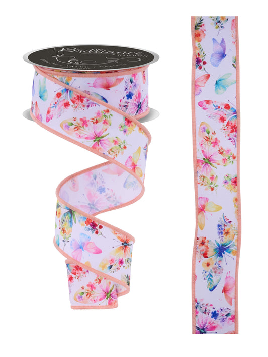 LS1185FM  1.5" x 10yd Botanical Butterflies Wht/Yllw/Crl/Pnk/Lav