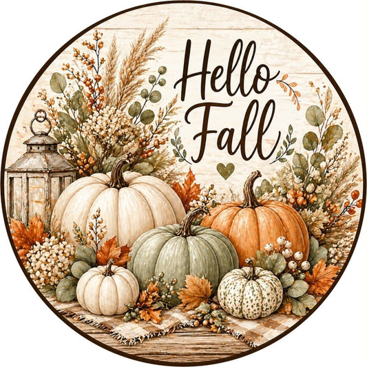 CUS2572-L    18" Round MDF Hello Fall Pumpkin Sign W/Rope