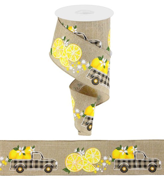 RGC178501  2.5"X10yd Gingham Truck W/Lemons   Lt Bge/Ylw/Grn/Wht/Blk