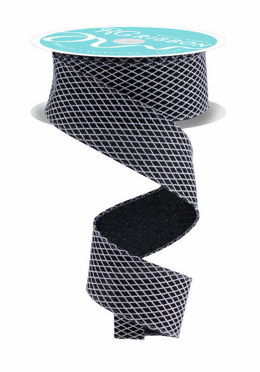 RGF169502  1.5" x 10yd Mini Harlequin Ribbon – Black/White – Wired Ribbon