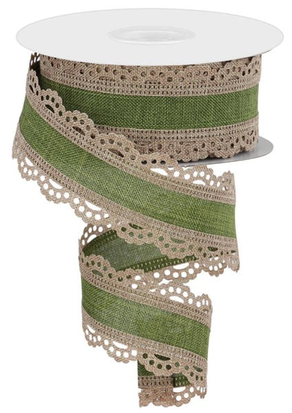 RGC154014M    1.5"X10YD   Lace Edge Royal Burlap   Light Beige/Moss