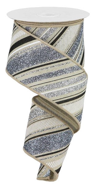 RW774918  2.5" x 10yd Diagonal Glitter Stripes Natural/Silver/Pewter