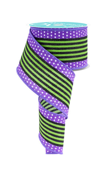 RGF156623 2.5" x 10yd Vertical Stripe/Polka Dot Edge Wht/Purple/Lime Grn/Black