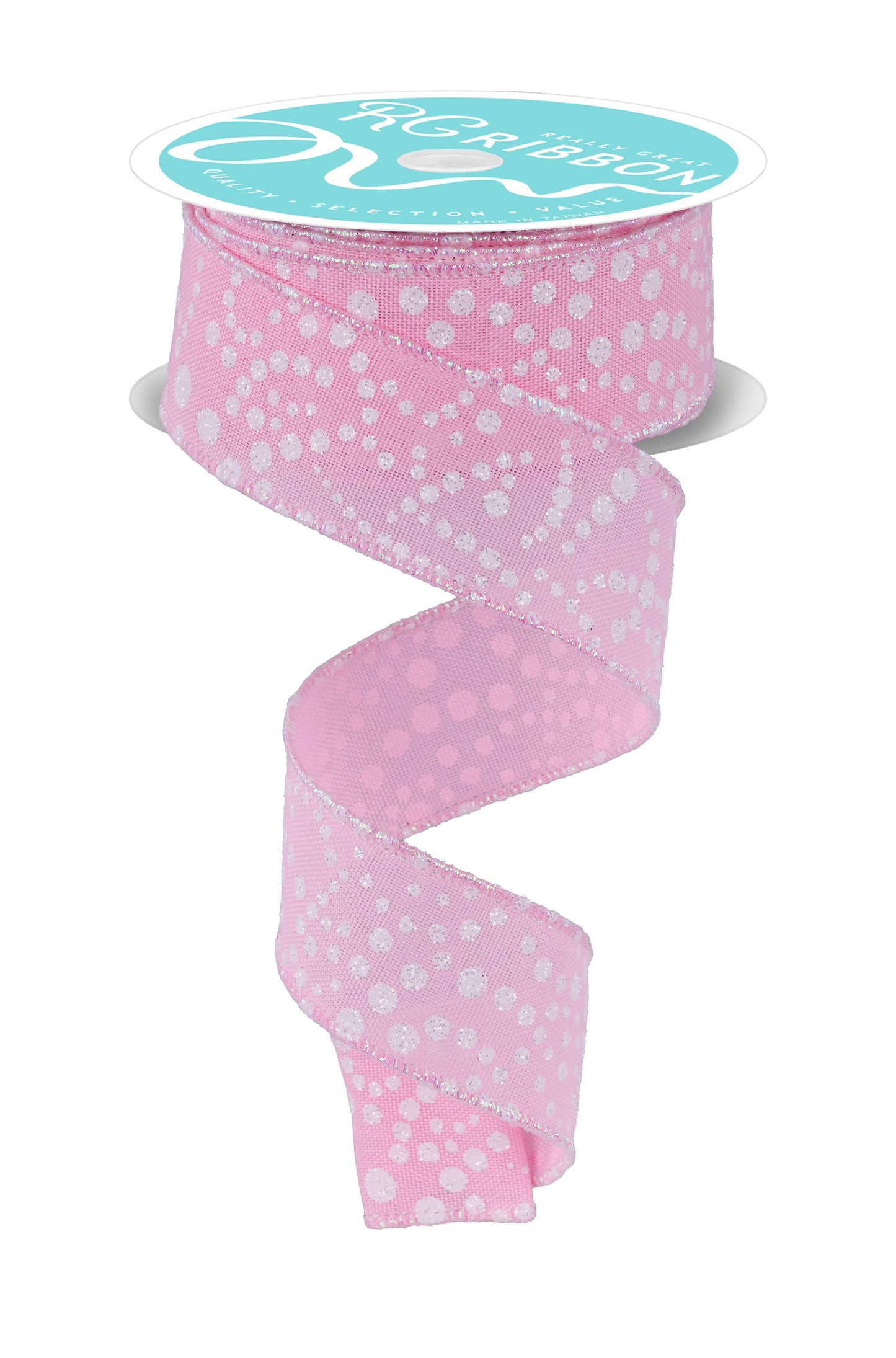 RGF173022  1.5" x 10yd Mini Glitter Dots Christmas Ribbon – Pink/Irid White – Wired Holiday Ribbon