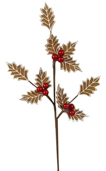 XS0929  19"L Gingerbread/Holly Leaf Spray Brown/White/Red