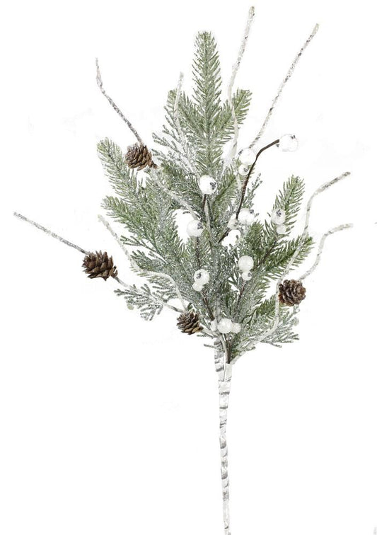 XS9681   24"L Glitter Cedar/Fir/Paper Birch Spray   White Birch/Sage/Silver