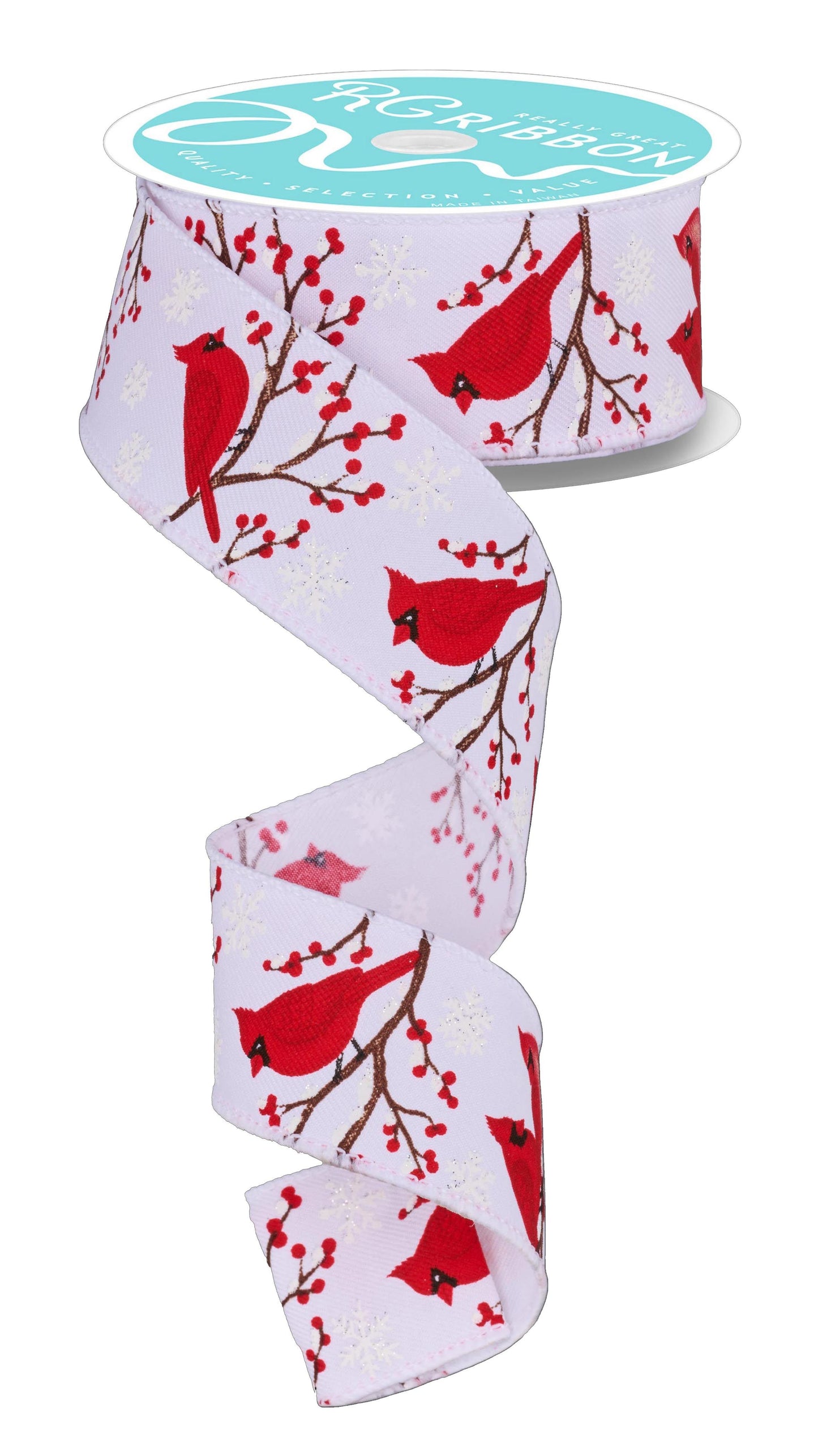 RGF135827 1.5" x 10yd Cardinal/Snowflake/Berry Ribbon – White/Multi – Wired Ribbon