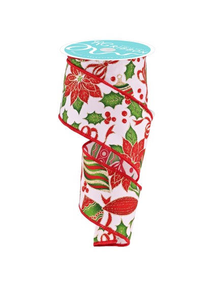 RGF134227  2.5" x 10yd Poinsettia/Ornaments White/Multi
